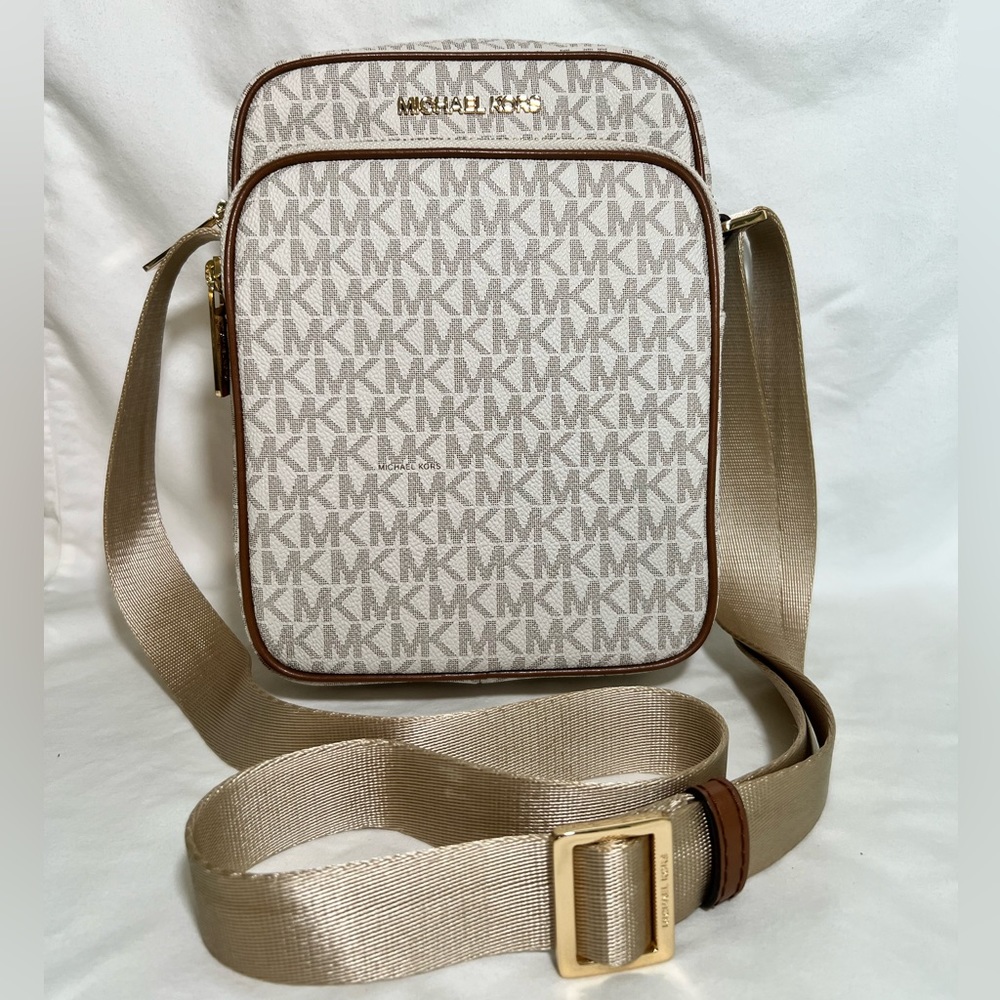 Michael Kors Beige Logo Crossbody Shoulder Bag with Brown Trim